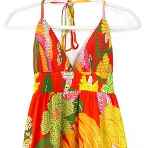 Women's Orange Neon Floral Smocked Bodice Halter Maxi Dress